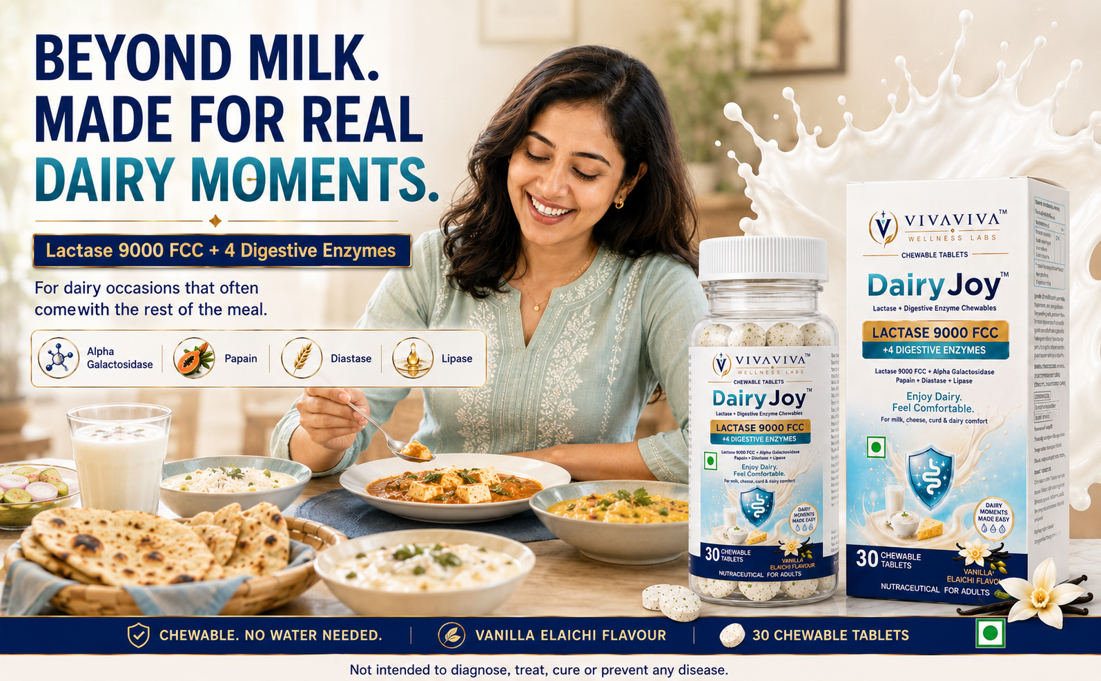 VIVAVIVA DairyJoy Tablets | 4 Digestive Enzymes & Lactase Enzymes 9000 FCC