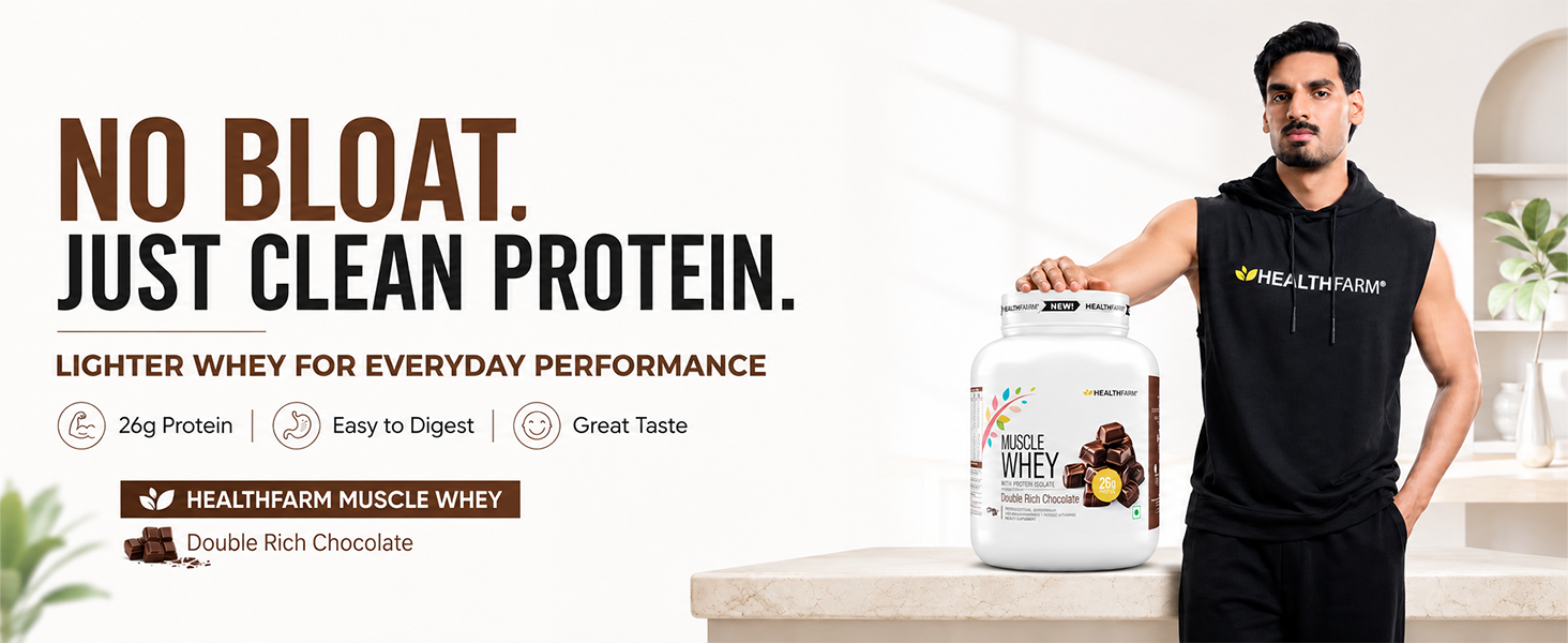 Healthfarm Muscle Whey Protein Powder | 26g Protein Per Serving | High Protein Post Workout Supplement for Muscle Growth, Strength & Recovery | Milk Chocolate Flavor | 1kg