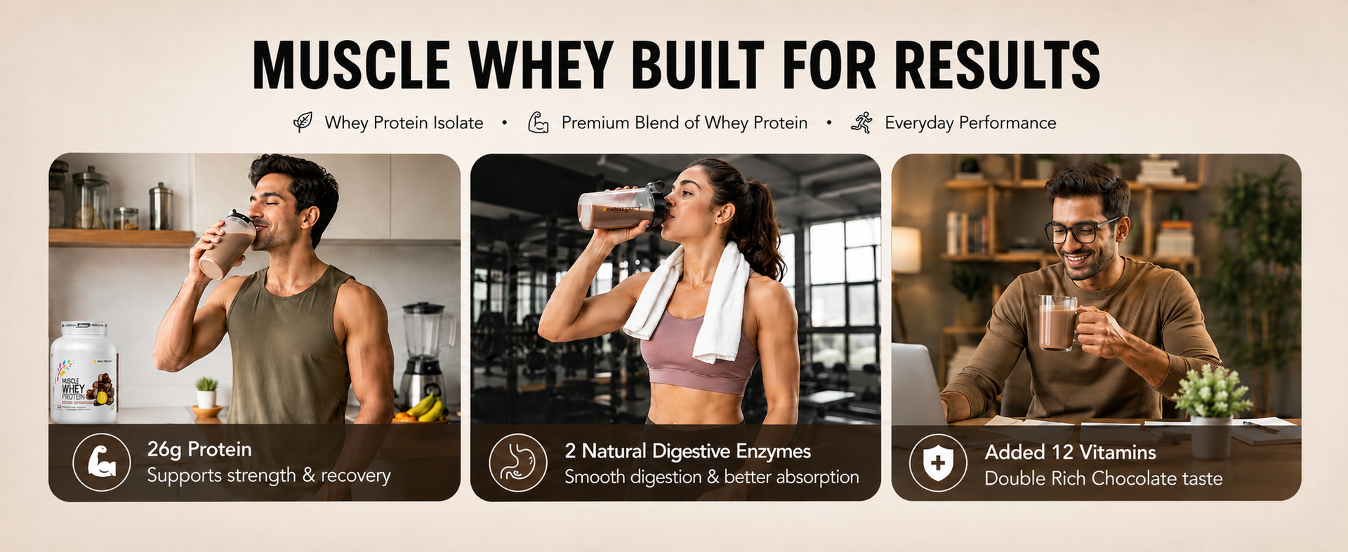 Healthfarm Muscle Whey Protein Powder | 26g Protein Per Serving | High Protein Post Workout Supplement for Muscle Growth, Strength & Recovery | Milk Chocolate Flavor | 1kg