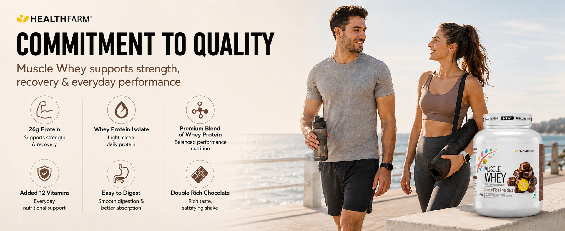 Healthfarm Muscle Whey Protein Powder | 26g Protein Per Serving | High Protein Post Workout Supplement for Muscle Growth, Strength & Recovery | Milk Chocolate Flavor | 1kg