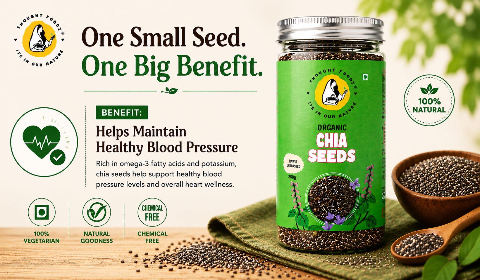 ThoughtFoodz Chia Seeds – 100% Organic & Raw Superfood | High in Omega-3, Fiber & Protein | Ideal for Weight Loss, Digestion & Energy(250gms)