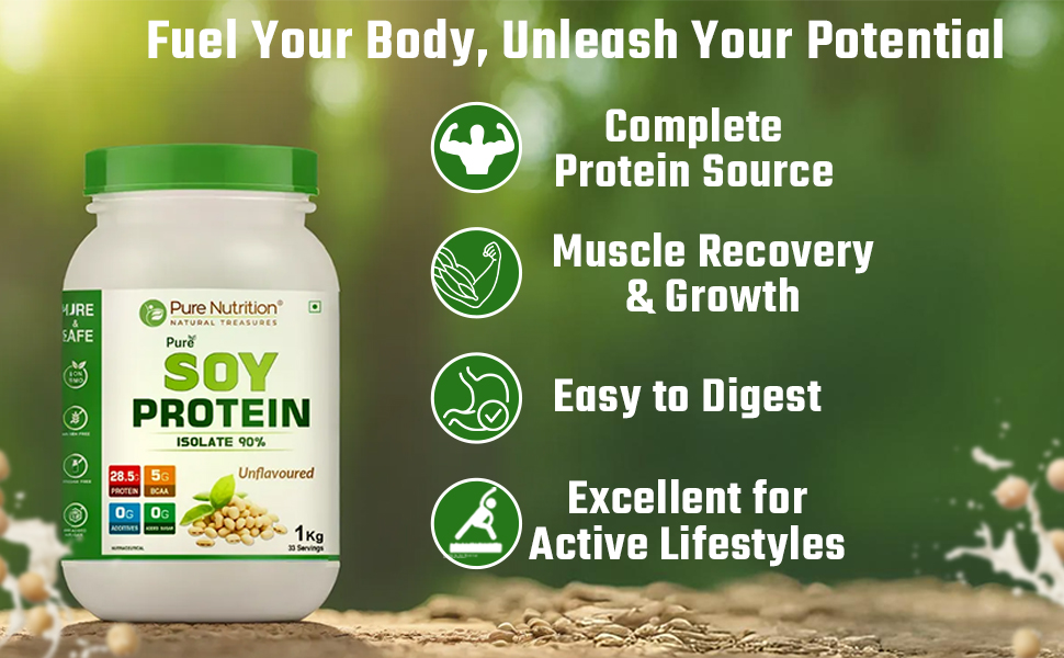 Pure Nutrition Soy Protein Isolate Powder | 90% Soy Protein Isolate with 27g Protein per Serving | Plant Based Vegan Protein Powder for Muscle Growth, Recovery & Weight Management | Low Carb Gluten Free Soya Protein Powder for Men & Women - 1kg Unflavoured