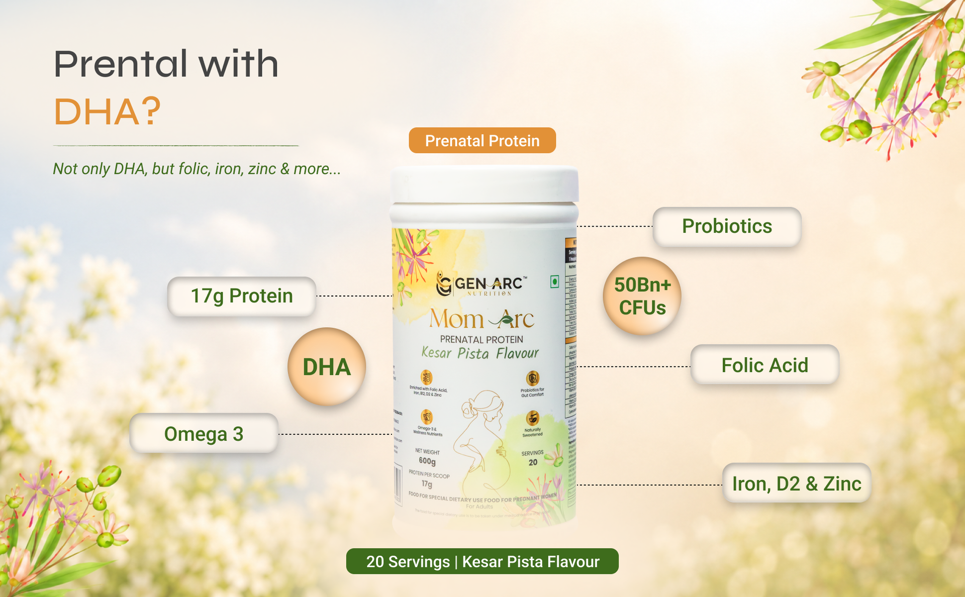 Gen Arc Mom Arc Prenatal Protein Powder for Pregnant & Lactating Mothers | 600g Kesar Pista Flavor I Maternal Nutrition Supplement with Protein, DHA, Vitamins & Minerals | Supports Baby Growth, Immunity & Mother’s Wellness