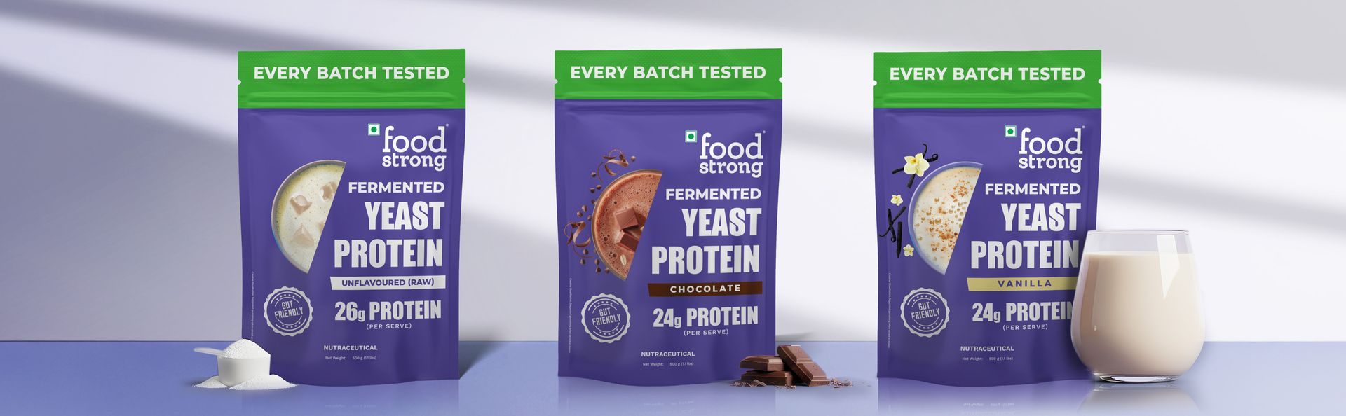 Foodstrong Fermented Yeast Protein - Vanilla | 26g Complete Plant Protein with Probiotics, Digestive Enzymes, & Indian Herbs | Vegan | No Sugar | 500g