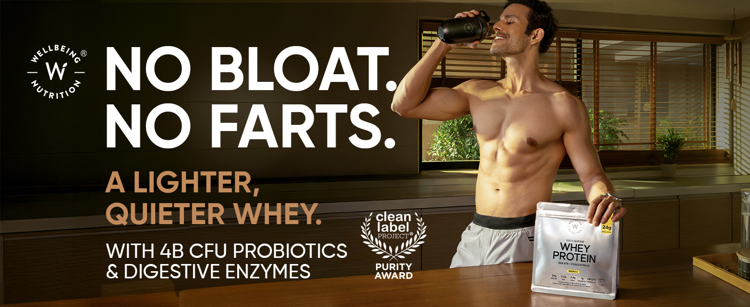 Wellbeing Nutrition Clean Whey Protein Isolate & Concentrate 1Kg Mango | 24g Protein, Clinically Proven Velositol 2x Muscle Protein Synthesis, 4B CFU Probiotics & Digestive Enzymes, Easy to Digest