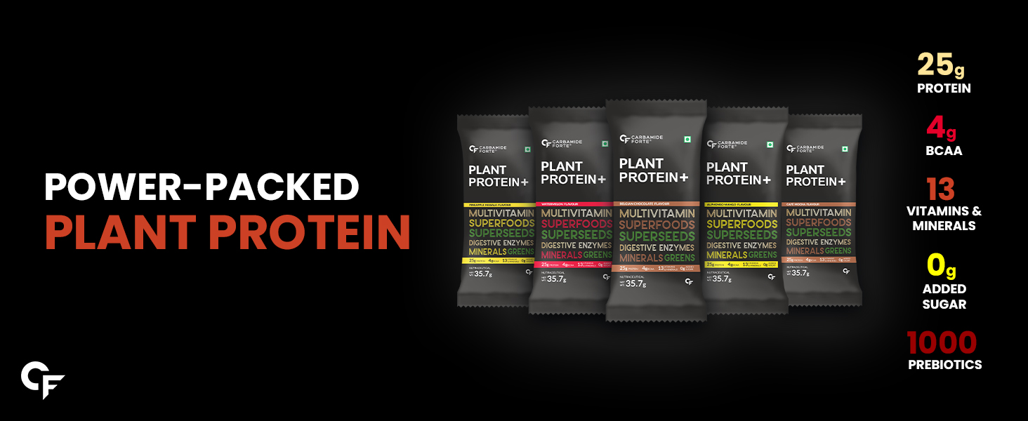 Carbamide Forte Plant Protein Powder - Plant Based Protein Powder with Multivitamin, Minerals, Superfoods, Pea Protein Powder, Digestive Enzymes | 5 Flavors Plant Protein Powder For Men - Pack Of 20