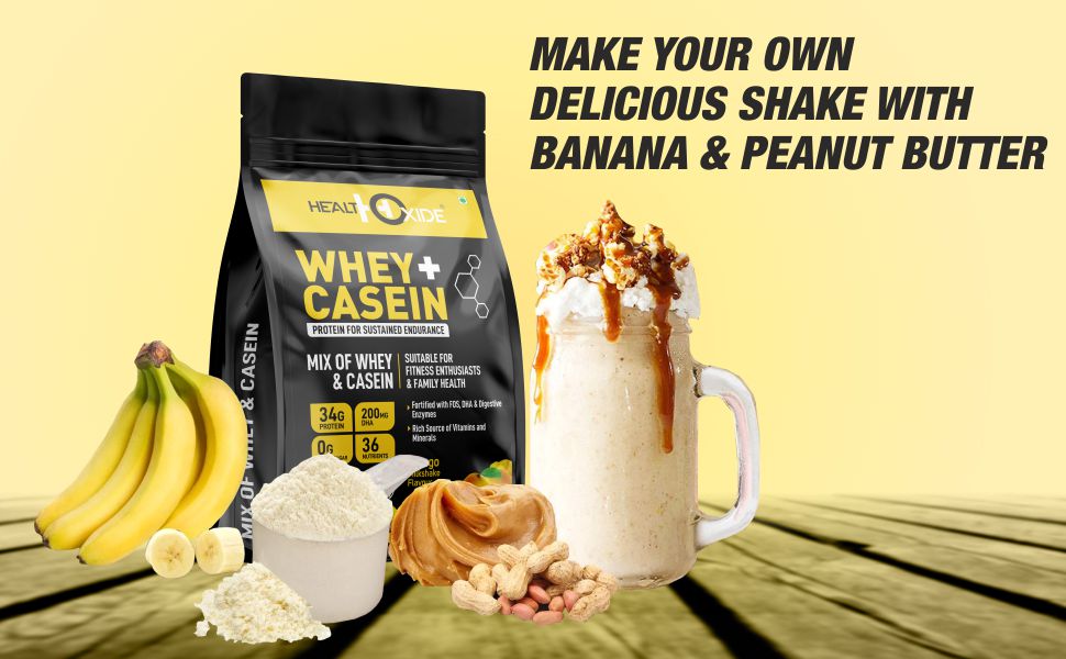 HealthOxide Whey & Casein Protein with DHA & Digestive Enzymes | Dual Release Protein Blend for Muscle Growth Recovery Strength & Stamina | Mango Flavour High Protein Shake for Men & Women | 500g Pack of 01