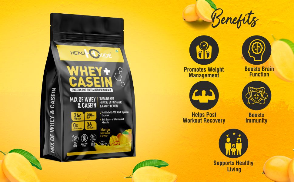 HealthOxide Whey & Casein Protein with DHA & Digestive Enzymes | Dual Release Protein Blend for Muscle Growth Recovery Strength & Stamina | Mango Flavour High Protein Shake for Men & Women | 500g Pack of 01