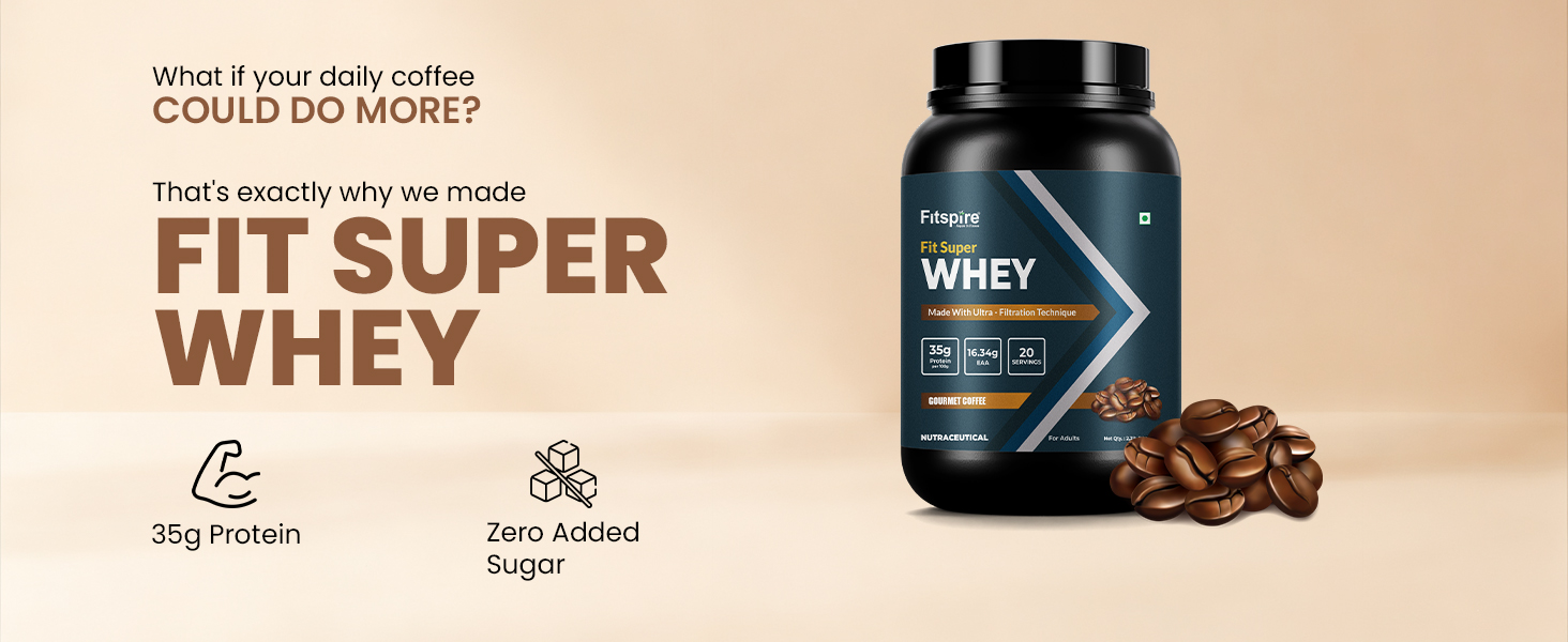 Fitspire Fit Super Whey Protein Powder- Gourmet Coffee- 1kg- No Added Sugar- Muscle Support- High Protein Formula with Digestive Enzymes for Better Absorption- Lean Muscle Growth- Daily Nutrition