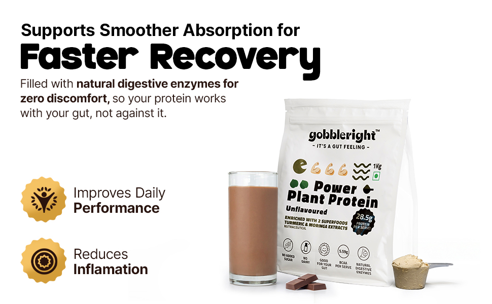 GOBBLERIGHT Power Plant Protein Powder Unflavoured 1kg | 28.5g Protein Per Serve | No Added Sugar | Isolate & Concentrate Pea Rice Powder | 4.91g BCAA | No Bloat & Gut Friendly | Gluten Free & Vegan