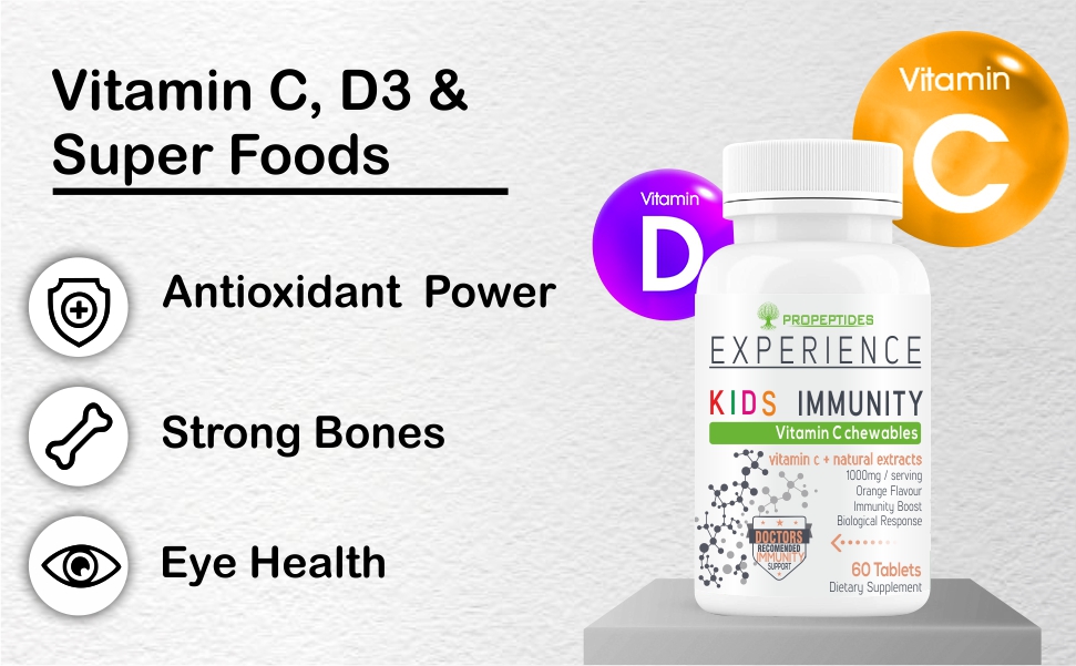 Vitamin C Tablets for Kids with Amla, D3, Acai Berry & Grape Seed — Sugar-Free Chewable Immunity Booster Supplement with Citrus Bioflavonoids, 1000mg, Tasty for Children, 60 Tablets