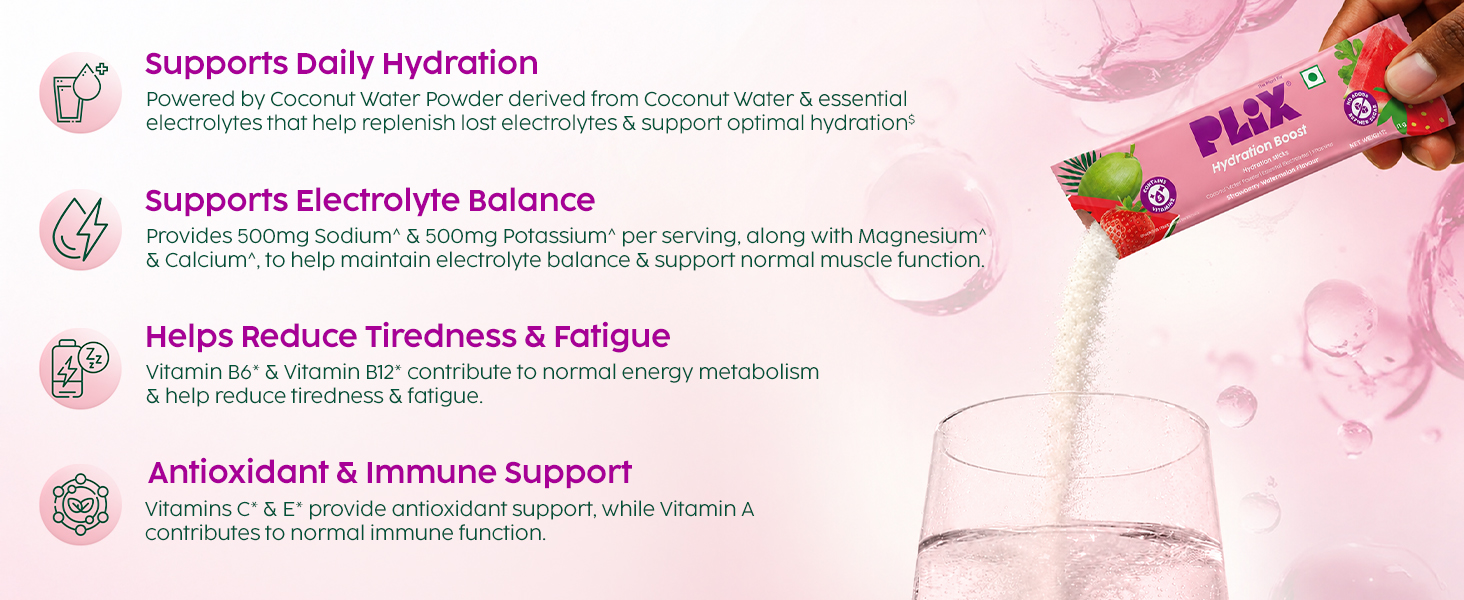 Plix Hydration Boost Electrolyte Powder | Hydration Drink Mix with Coconut Water, Sodium & Potassium | Strawberry Watermelon Flavour | Supports Energy, Hydration & Recovery | Pack of 30 | No Added Refined Sugar