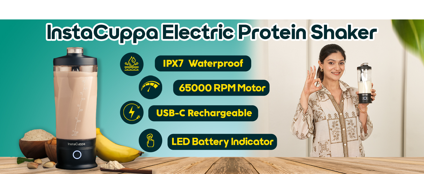 InstaCuppa Rechargeable Electric Protein Shaker – 6500 RPM, PP Stirring Blades - 600ml BPA-Free Jar, USB-C Rechargeable, IPX7 Waterproof, Leakproof Sports Sipper Lid, Smooth Protein Shakes in Seconds