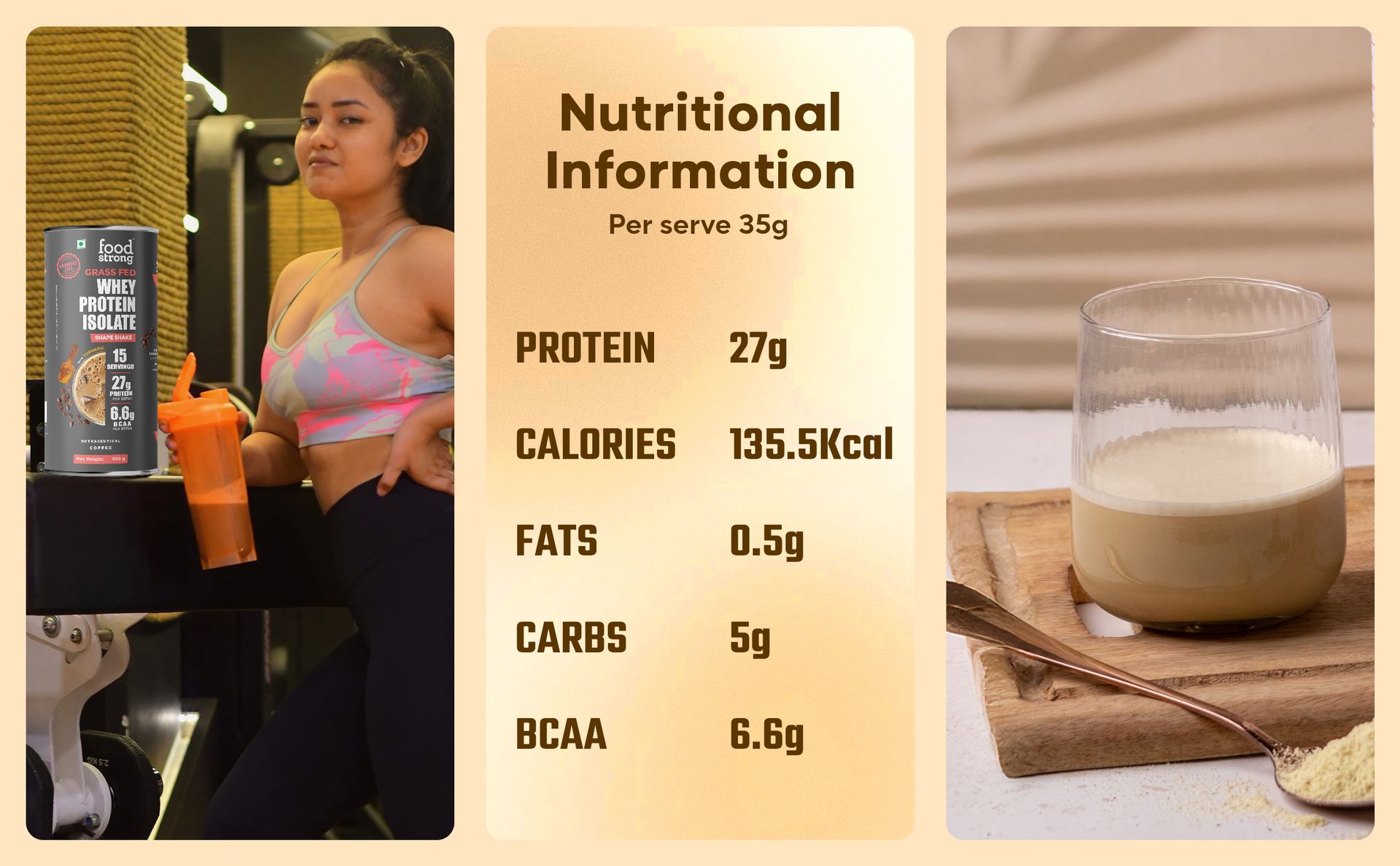 Foodstrong Whey Protein Isolate, 100% Hormone Free Grass-Fed Whey, 27G Protein & 6.6G BCAA, Coffee, With Turmeric & Digestive Enzymes, 15 Sachets, 525G