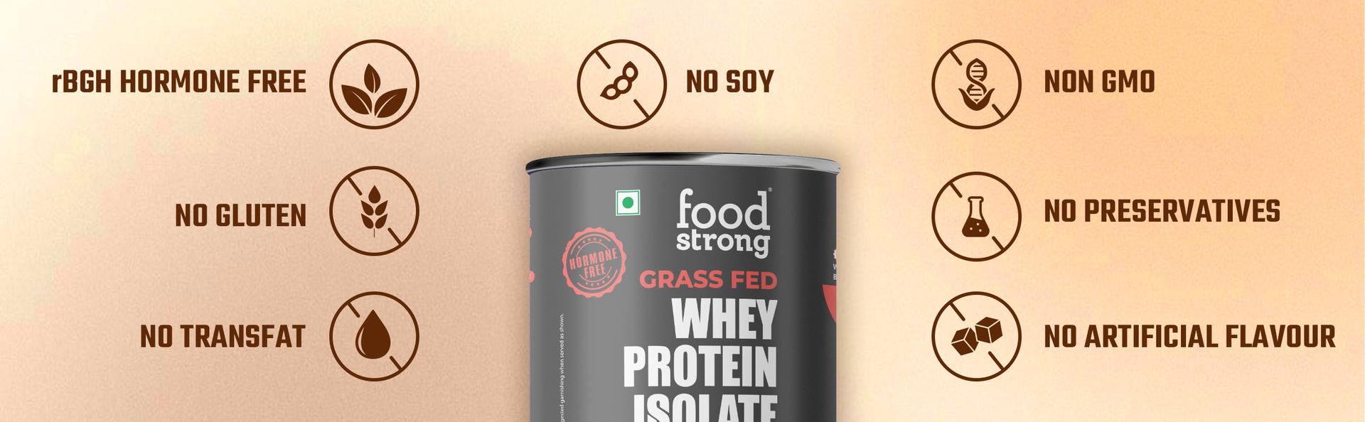 Foodstrong Whey Protein Isolate, 100% Hormone Free Grass-Fed Whey, 27G Protein & 6.6G BCAA, Coffee, With Turmeric & Digestive Enzymes, 15 Sachets, 525G