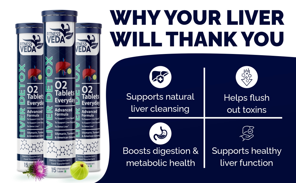 Fitness Veda Liver Detox Effervescent-15 Tablets | Fatty Liver Health Supplement | Milk Thistle With American Ginseng Premium Ayurvedic Herbs | Clinically Researched | Drop, Dissolve, Fizz & Drink