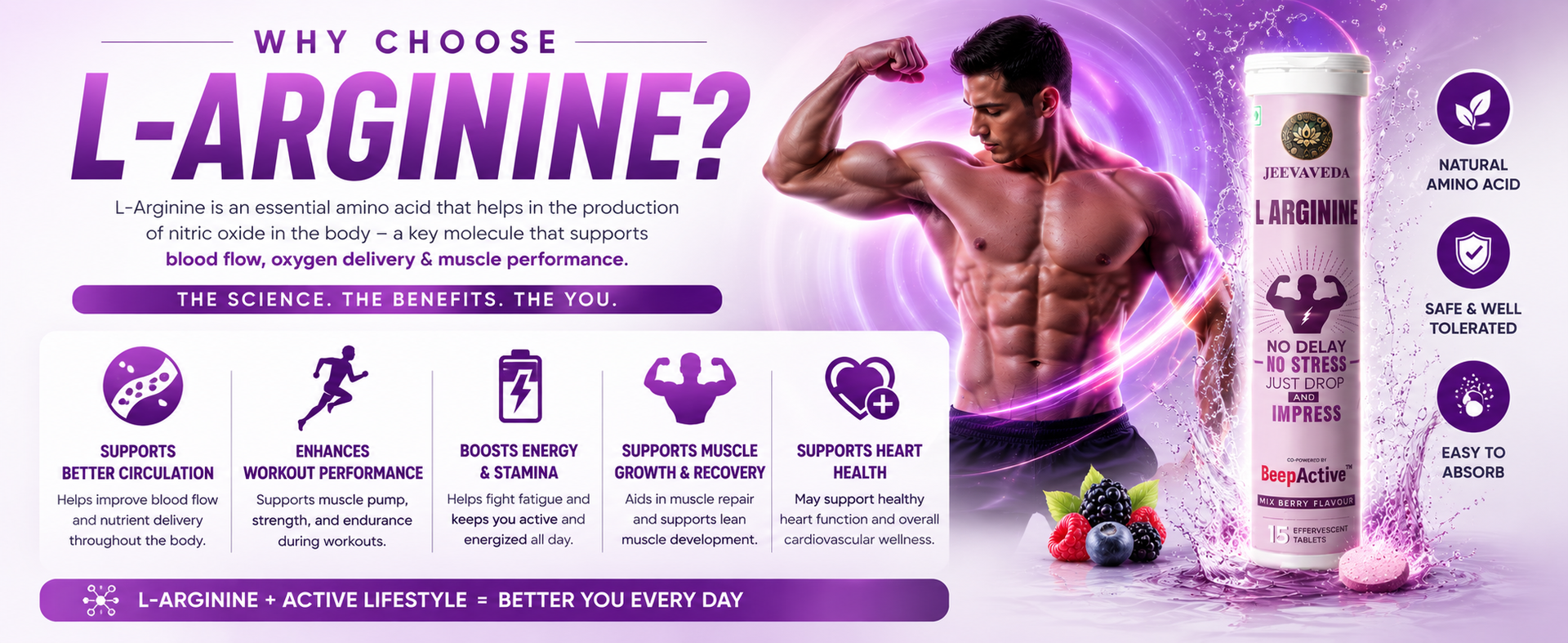 L-Arginine Effervescent Tablets | 750mg L-Arginine with L-Citrulline, Natural Caffeine, Brahmi, Shatavari & Beep Active | Mixed Berry Flavour | Pack of 4 Tubes (60 Tablets) | Daily Strength & Stamina Drink | Zero Sugar