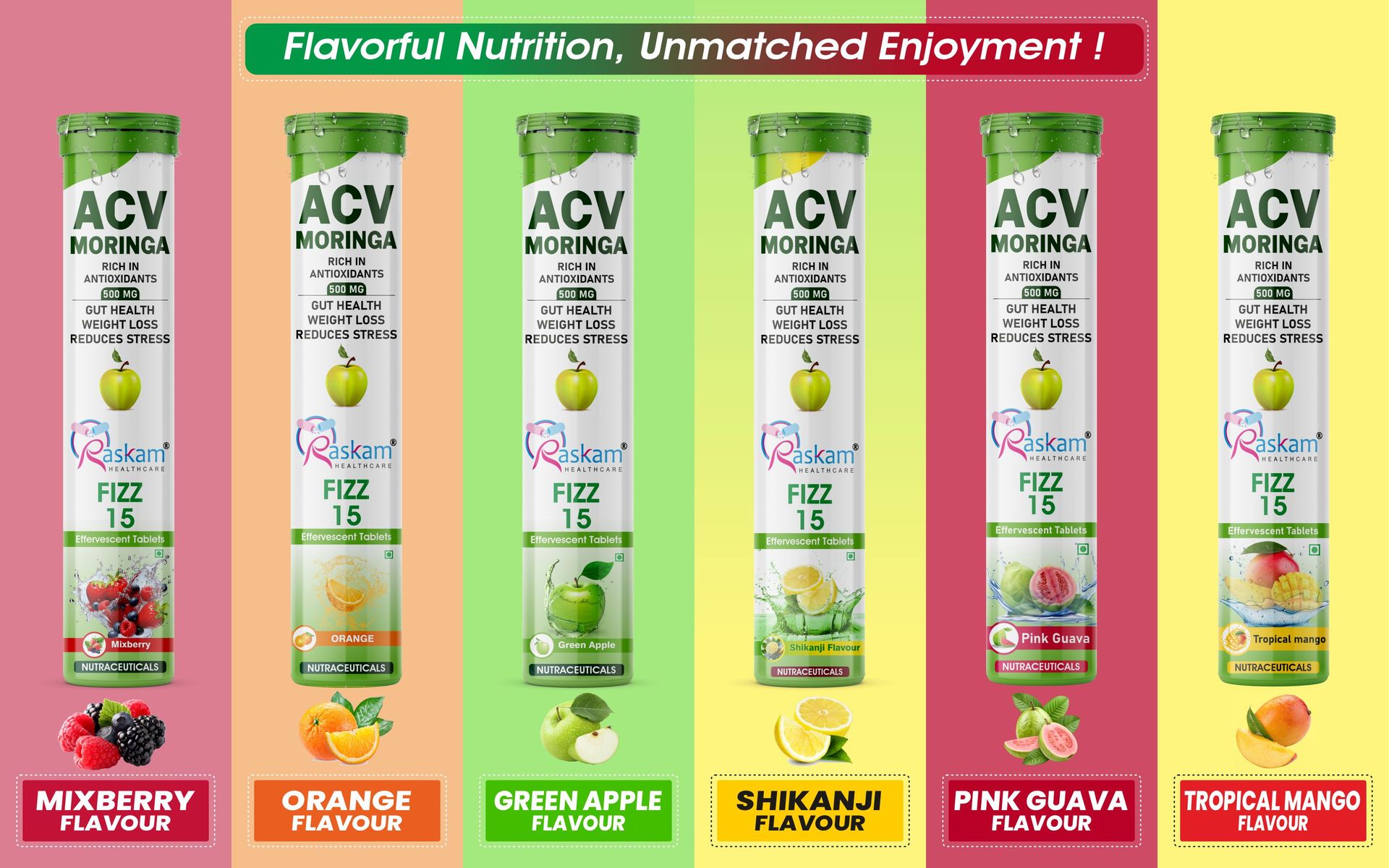 Apple Cider Vinegar (ACV) Moringa Effervescent Tablets 500mg – Guava Flavor, No Added Sugar, Antioxidant Immunity & Appetite Support – 15 Fizz Tabs (Pack of 8)