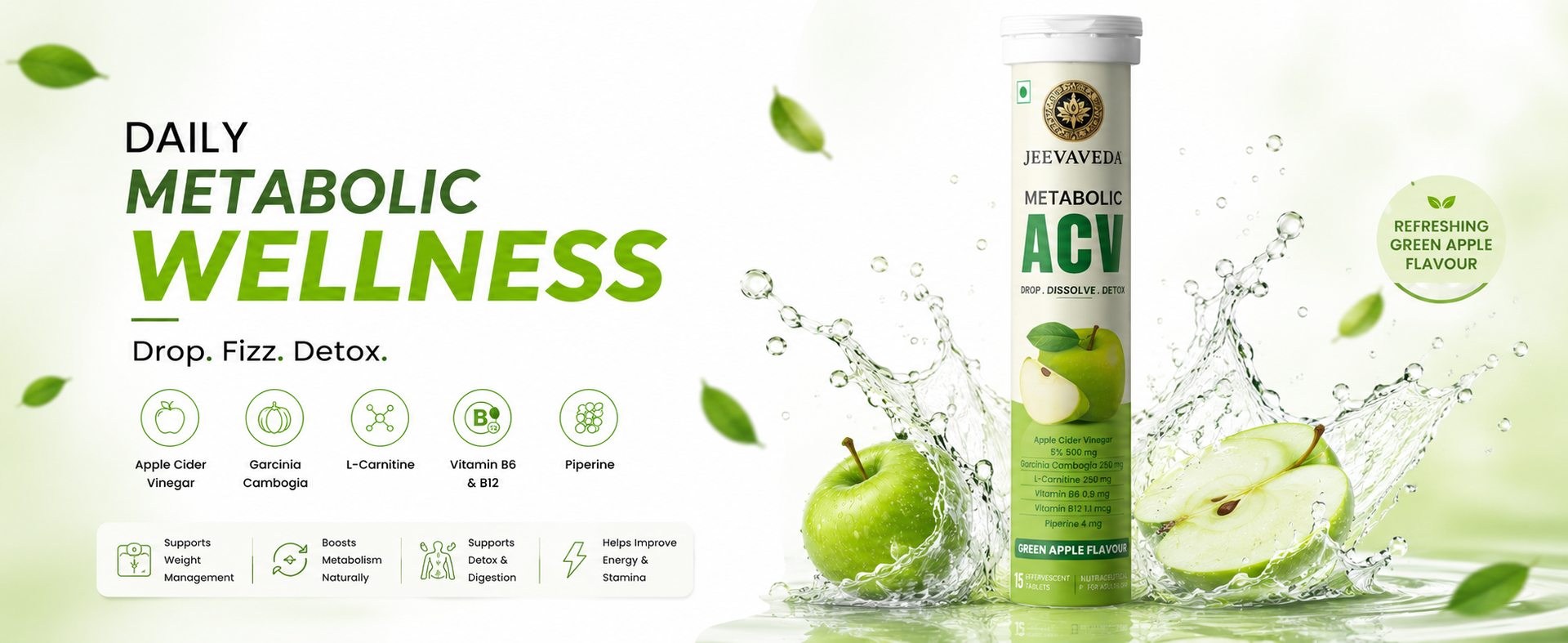 Metabolic Apple Cider Vinegar Effervescent Tablets – Green Apple Flavour | With Natural Extracts & Essential Vitamins | No Added Sugar, No Maltodextrin | Pack of 12 (15 Tablets Each)