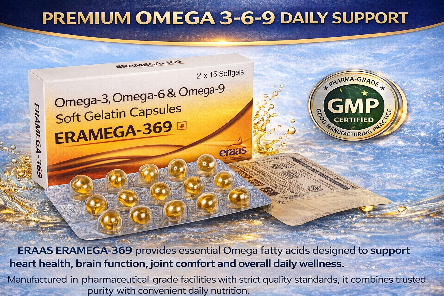 ERAAS Eramega 369 Omega 3 High Strength Pure Fish oil for Heart, Brain & Joints Fish Oil 300 mg Omega 3 200mg Omega 6 100 mg Omega 9 with EPA & DHA | Pack of 30 Softgel Capsules