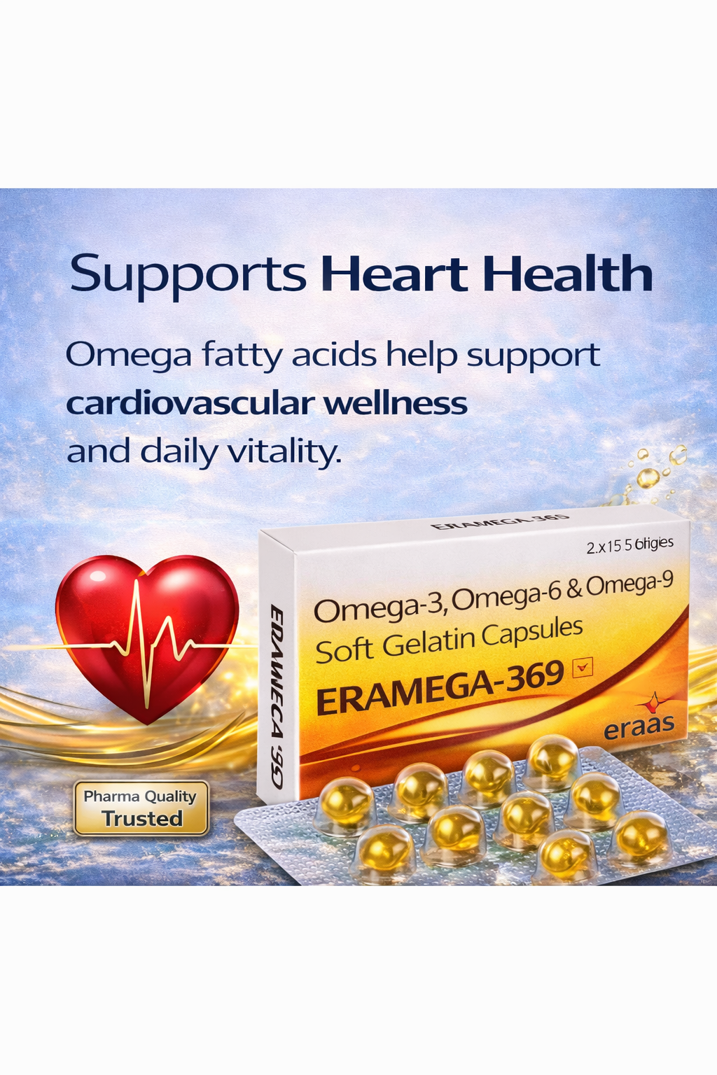 ERAAS Eramega 369 Omega 3 High Strength Pure Fish oil for Heart, Brain & Joints Fish Oil 300 mg Omega 3 200mg Omega 6 100 mg Omega 9 with EPA & DHA | Pack of 30 Softgel Capsules