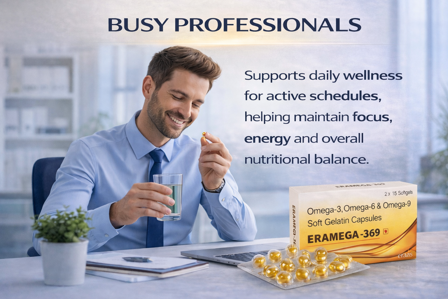 ERAAS Eramega 369 Omega 3 High Strength Pure Fish oil for Heart, Brain & Joints Fish Oil 300 mg Omega 3 200mg Omega 6 100 mg Omega 9 with EPA & DHA | Pack of 30 Softgel Capsules
