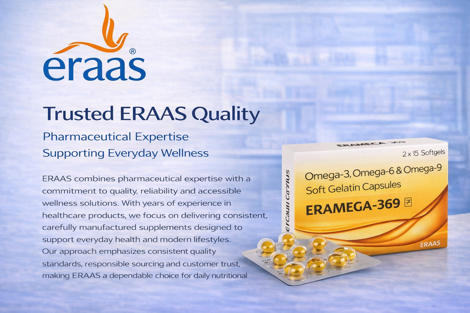ERAAS Eramega 369 Omega 3 High Strength Pure Fish oil for Heart, Brain & Joints Fish Oil 300 mg Omega 3 200mg Omega 6 100 mg Omega 9 with EPA & DHA | Pack of 30 Softgel Capsules