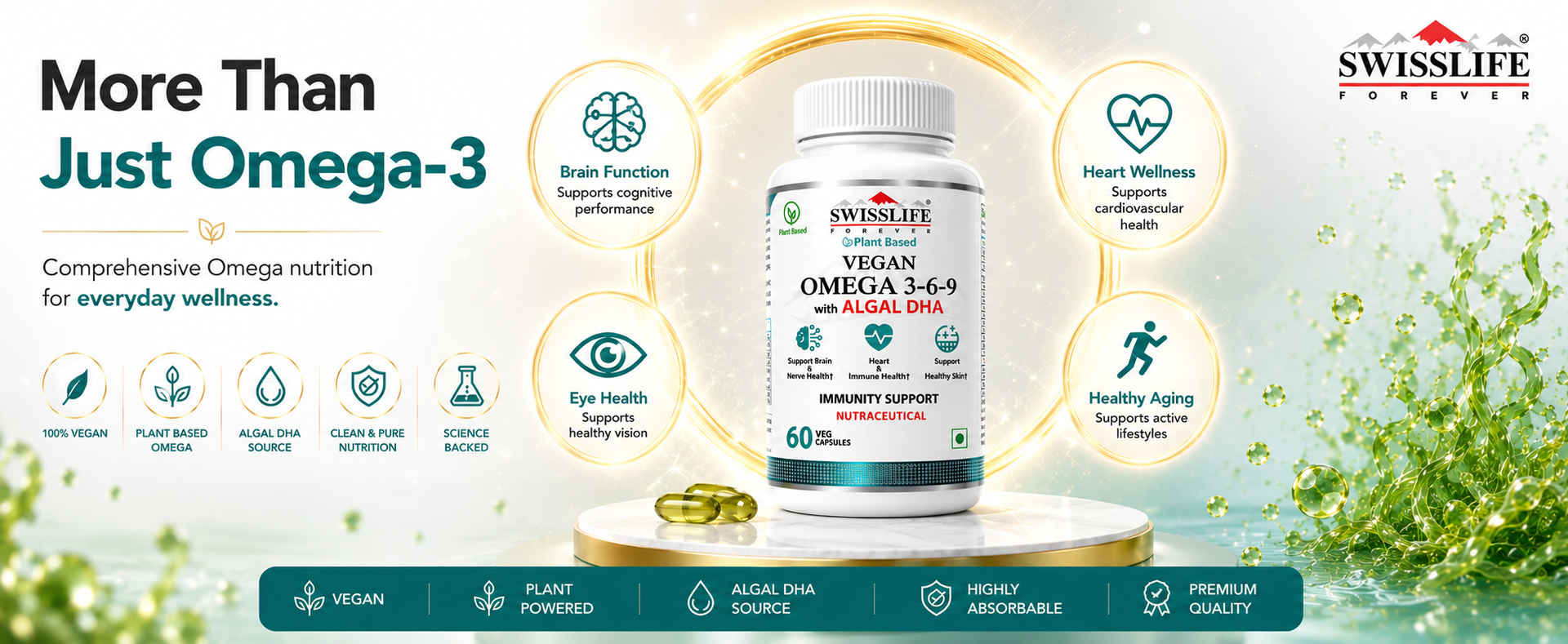Swisslife Forever Omega 3-6-9 Vegan Supplement | Plant-Based Algal Oil | Supports Heart, Brain, Eye, Skin, Hair, Muscle & Bone Health | Natural Nutrition for Men & Women | 60 Veg Capsules (Pack of 2)