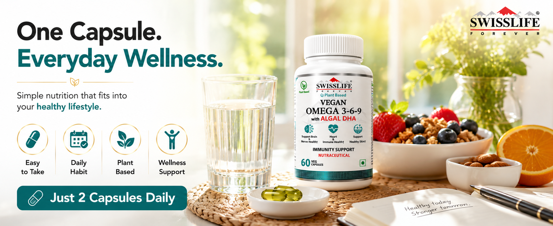 Swisslife Forever Omega 3-6-9 Vegan Supplement | Plant-Based Algal Oil | Supports Heart, Brain, Eye, Skin, Hair, Muscle & Bone Health | Natural Nutrition for Men & Women | 60 Veg Capsules (Pack of 2)