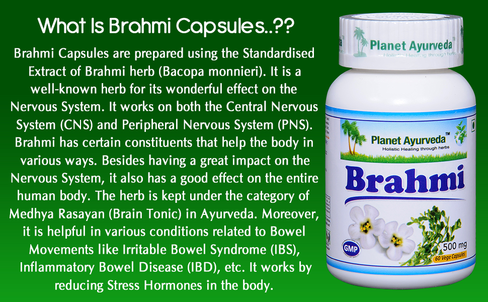 Planet Ayurveda Brahmi Capsules, 60 Capsules, Pack of 1, "A Natural Herbs to calms and relaxes mind"
