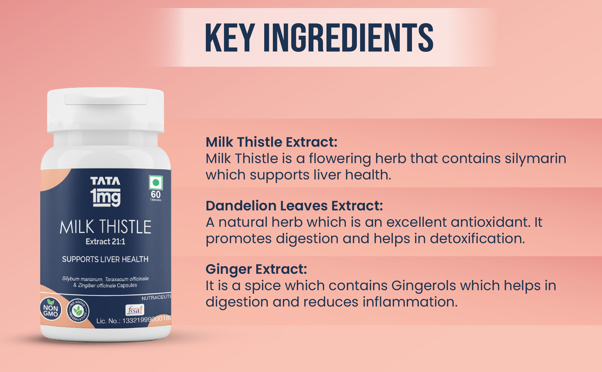 Tata 1mg Milk Thistle Liver Detox Capsules (Veg) - 60 Count | Liver Health Supplement with 70% Silymarin, Dandelion & Ginger | For Men & Women
