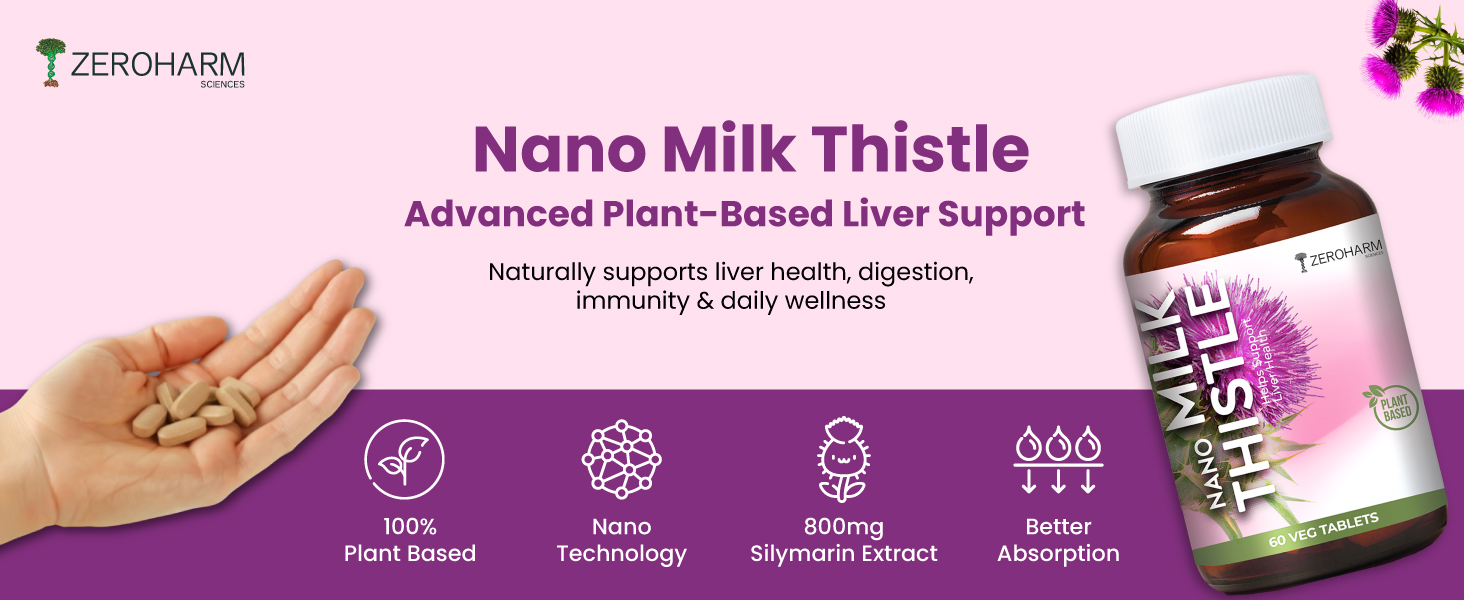 ZEROHARM Nano Milk Thistle - 800 mg with 80% Silymarin Extract (30:1) for Liver Detox, Cleanse, Antioxidant Support & Metabolism - High Absorption Supplement for Men & Women - 60 Veg Tablets