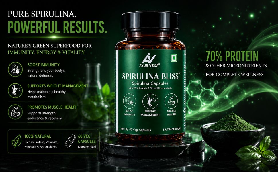 Spirulina Bliss | Certified 100% Organic Pure Spirulina 1000mg | 70% Plant Protein with Phycocyanin, Chlorophyll & Beta Carotene | Immunity, Energy & Detox | 60 Veg Capsules