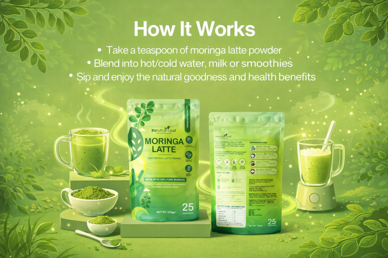 Neutraleaf Moringa Latte Superfood Premix 250g | Creamy Green Herbal Drink with Coconut Milk Powder & Jaggery | Zero Bitter Taste, Rich in Antioxidants & Plant Protein | 25 Servings