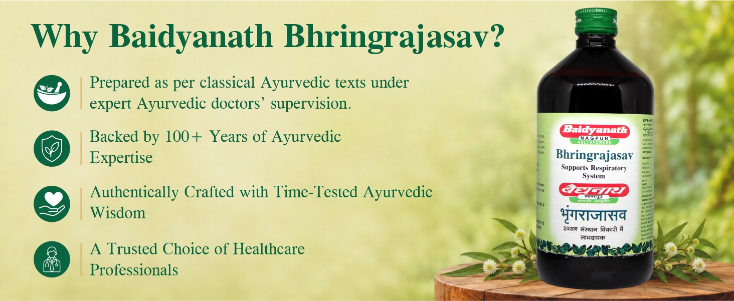 Baidyanath Asli Ayurved Bhringrajasava 450 ml - Ayurvedic Formula for Healthy Hair Growth, Liver Wellness, Cough Relief & Digestive Health | The Ultimate Herbal Solution for Respiratory Health, Blood Purification | Helps in Hairfall & Premature Greying