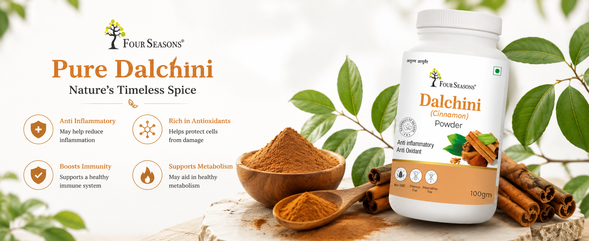 Four Seasons Pure Dalchini Powder (True Ceylon Cinnamon) – Natural Ayurvedic Herbal Powder for Blood Sugar & Digestion Support – Non-Cassia, Zero Preservatives – 100g Pack of 2
