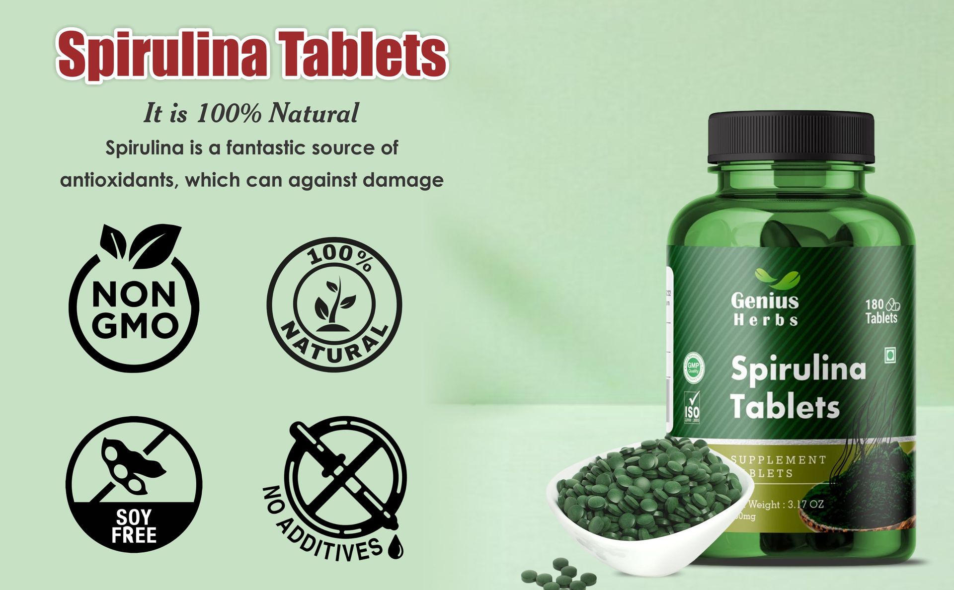 Spirulina Tablets 500mg (2000mg Daily Serving) – 120 Tablets (30 Days Supply, Pack of 1) | Natural Algae Superfood Supplement | Supports Immunity, Energy & Detox | Vegan, Non-GMO