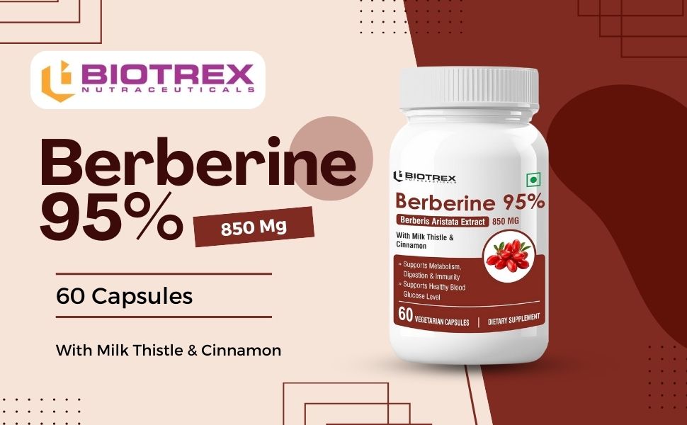 Biotrex Nutraceuticals Berberine HCL 850mg | 95% High Purity | With Milk Thistle & Cinnamon | Maintain Healthy Glucose Levels | Metabolic Support & Digestive Wellness | Lab Tested | 60 Veg Capsules