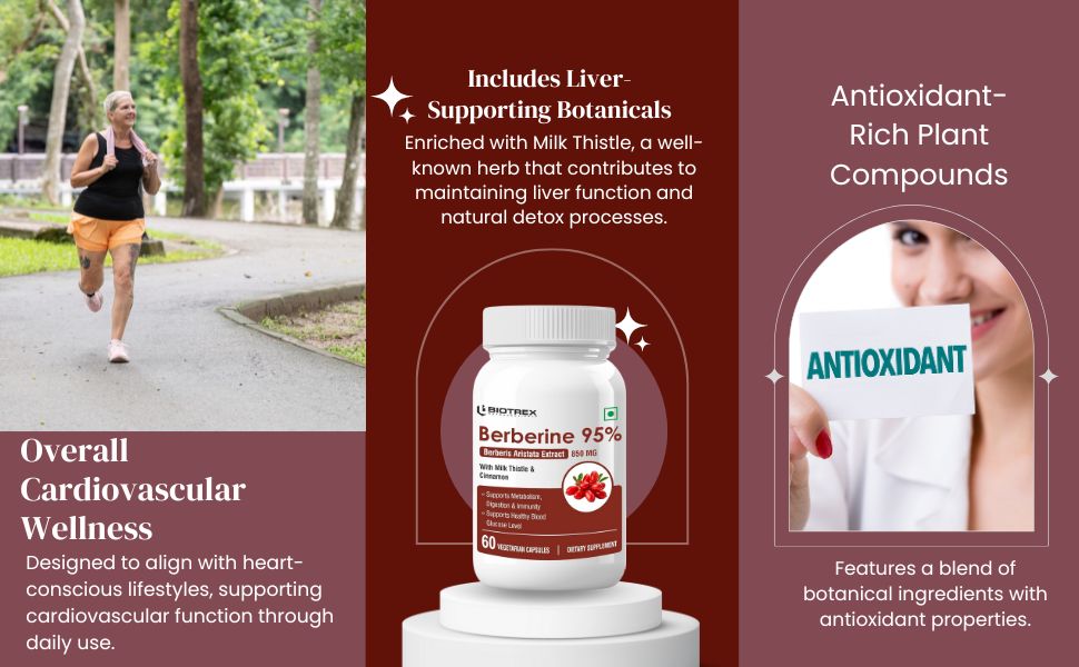 Biotrex Nutraceuticals Berberine HCL 850mg | 95% High Purity | With Milk Thistle & Cinnamon | Maintain Healthy Glucose Levels | Metabolic Support & Digestive Wellness | Lab Tested | 60 Veg Capsules