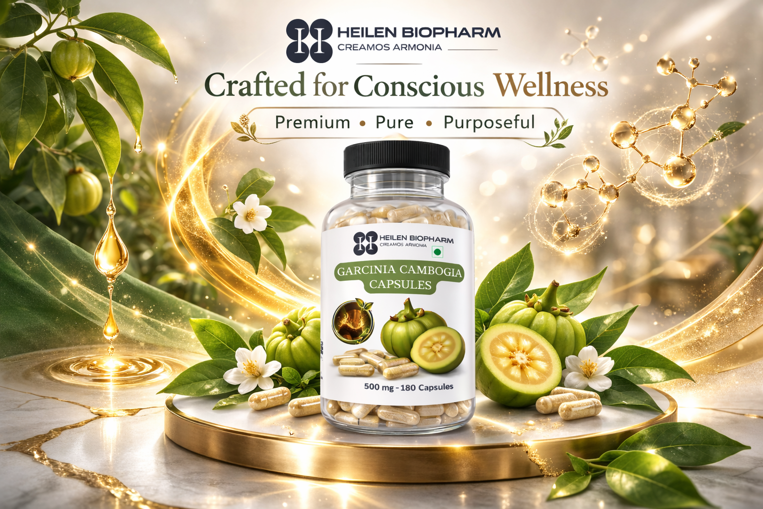 Heilen Biopharm Garcinia Cambogia Capsules, 100% Pure Extract, 500 mg, 180 Capsules, Plant-Based Wellness Supplement