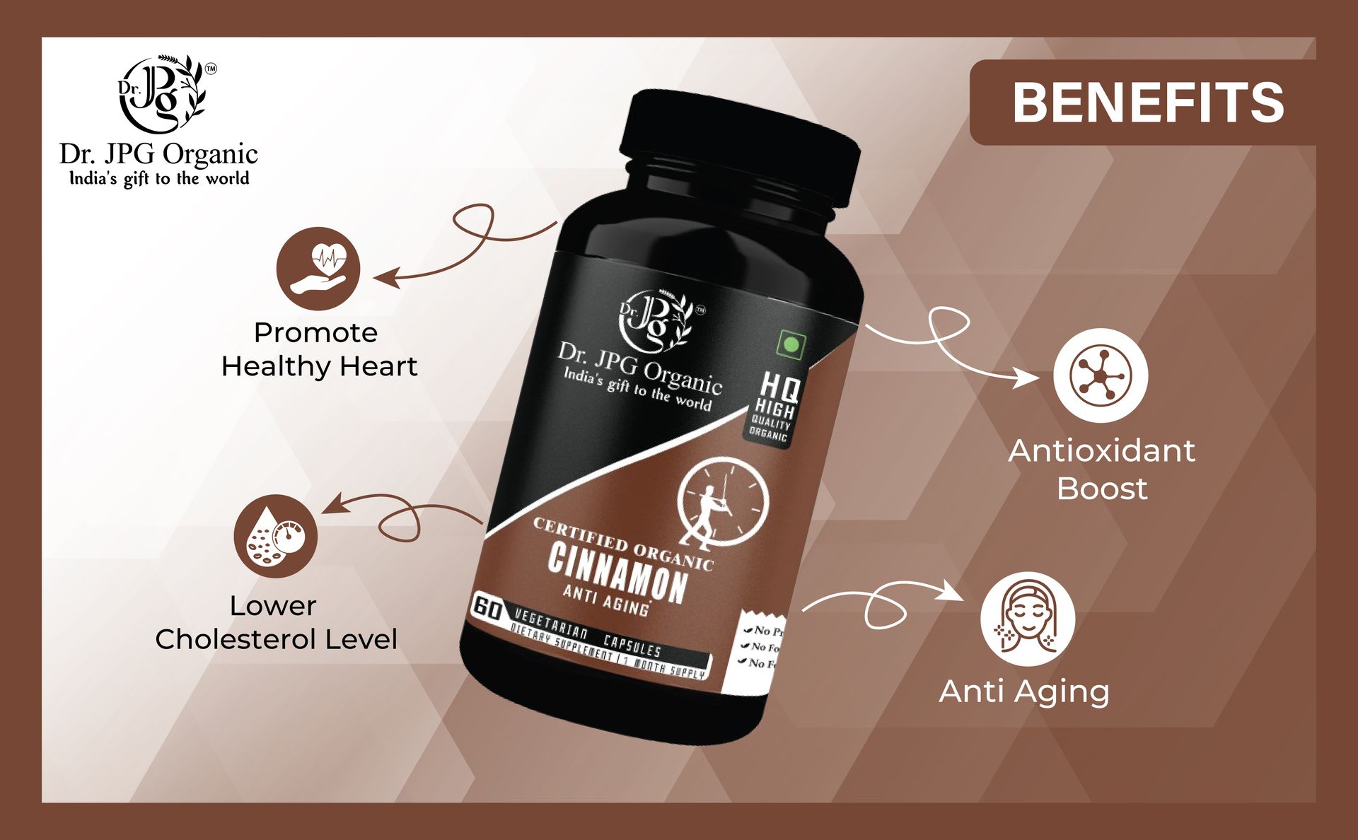 Dr. JPG Organic Cinnamon Capsules 120Veg. Capsules/INDIA ORGANIC Certified.