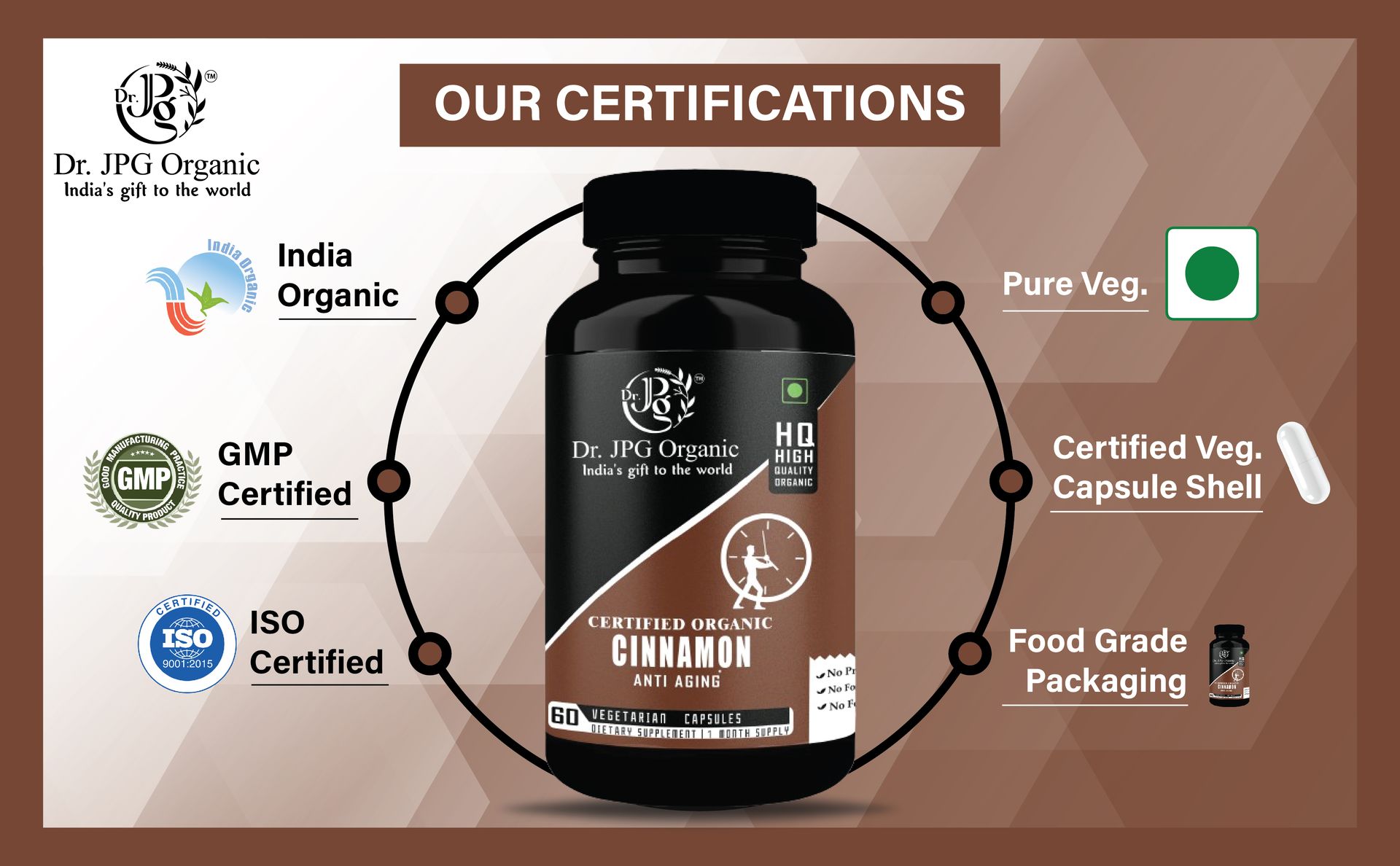 Dr. JPG Organic Cinnamon Capsules 120Veg. Capsules/INDIA ORGANIC Certified.