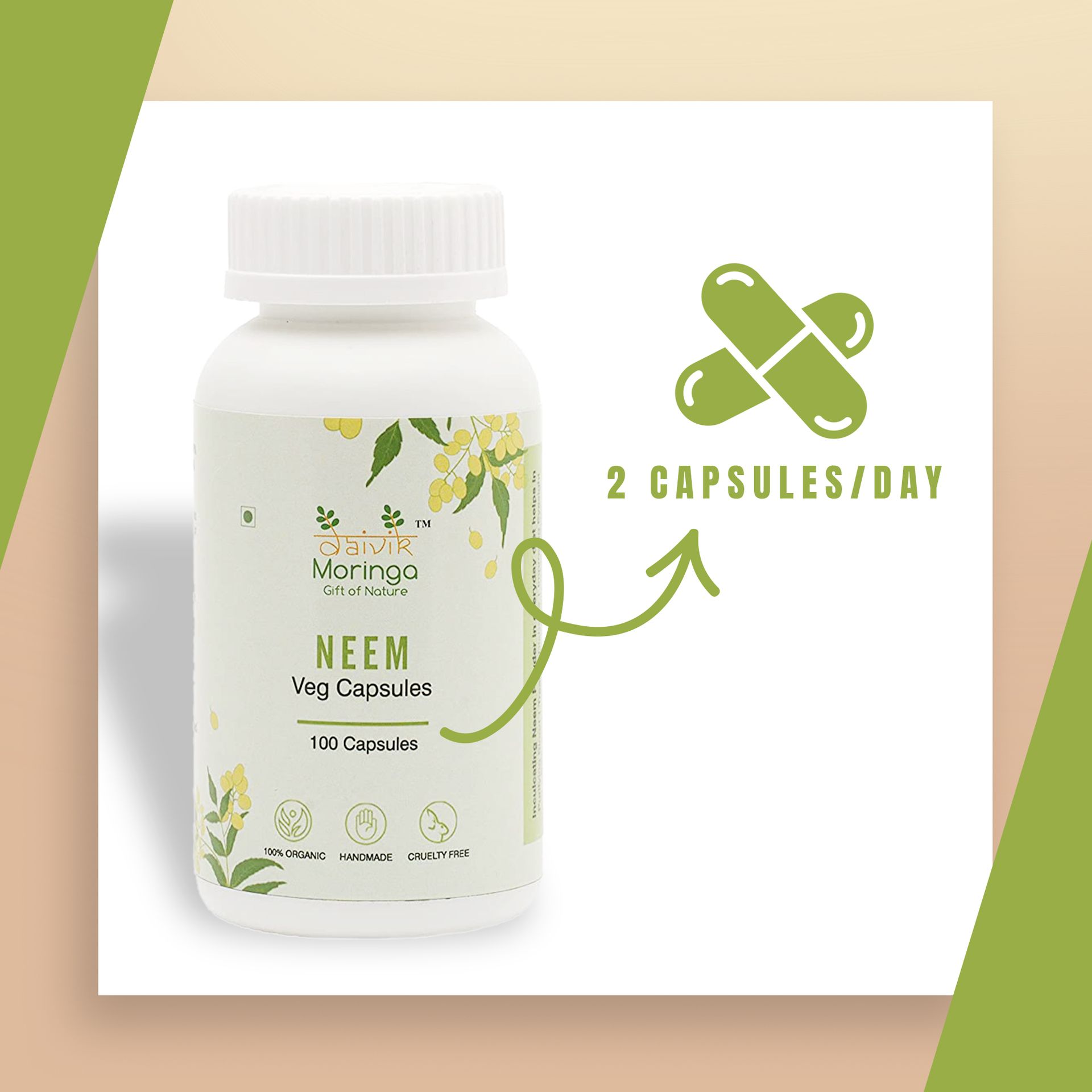 Daivik Moringa Neem Capsules for Healthy Skin and Hair | Powerful Blood Purifier| Helps to Balance Blood Sugar Levels & Boosts Liver Health & Metabolism - 100 Veg Capsules|650MG