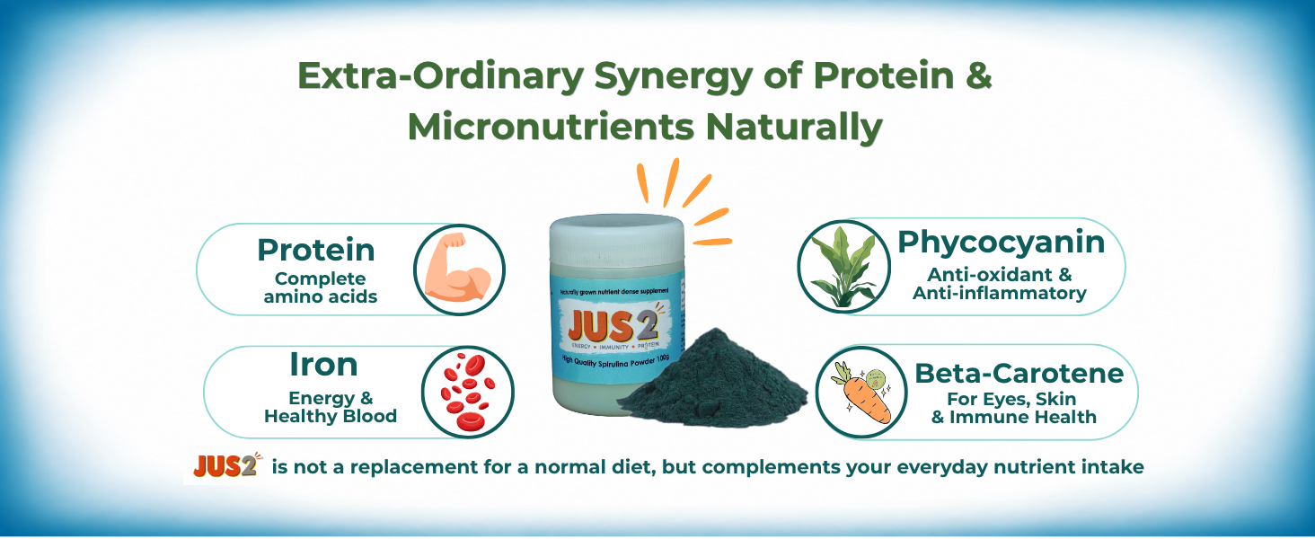 JUS2 Spirulina Powder, Energy Immunity Protein Supplement, 100g