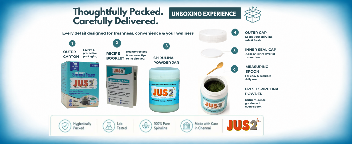 JUS2 Spirulina Powder, Energy Immunity Protein Supplement, 100g