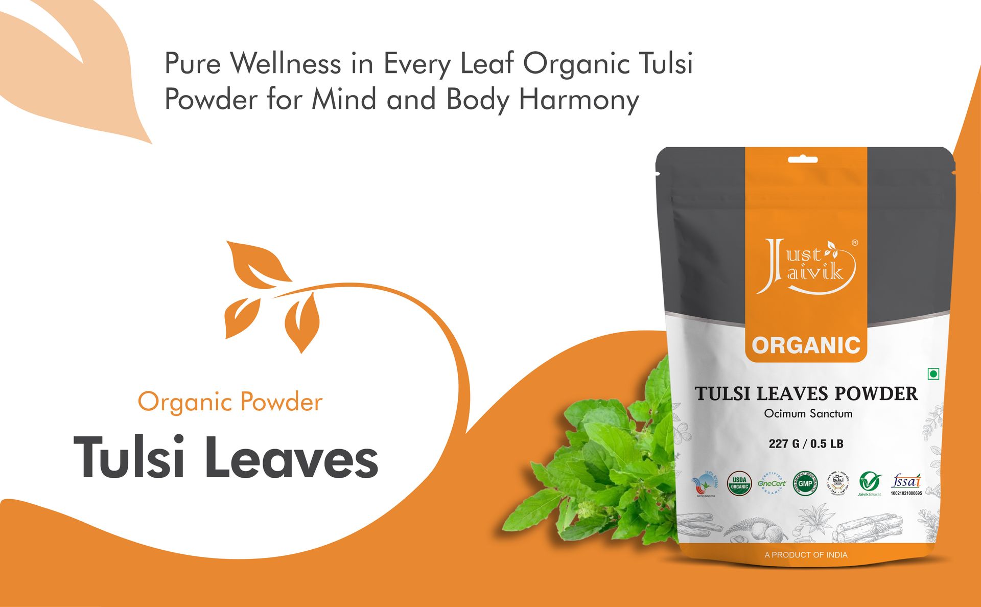 Just Jaivik Pure Natural Organic Tulsi Powder - 227g Holy Basil Powder for Skin Care, Herbal Supplement
