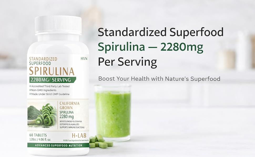HXN Organic Spirulina Powder Tablets | Organic Spirulina Supplement for Detox, Energy, Immunity and Daily Support 60 Tablets