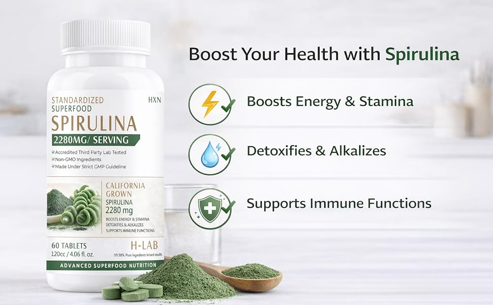 HXN Organic Spirulina Powder Tablets | Organic Spirulina Supplement for Detox, Energy, Immunity and Daily Support 60 Tablets