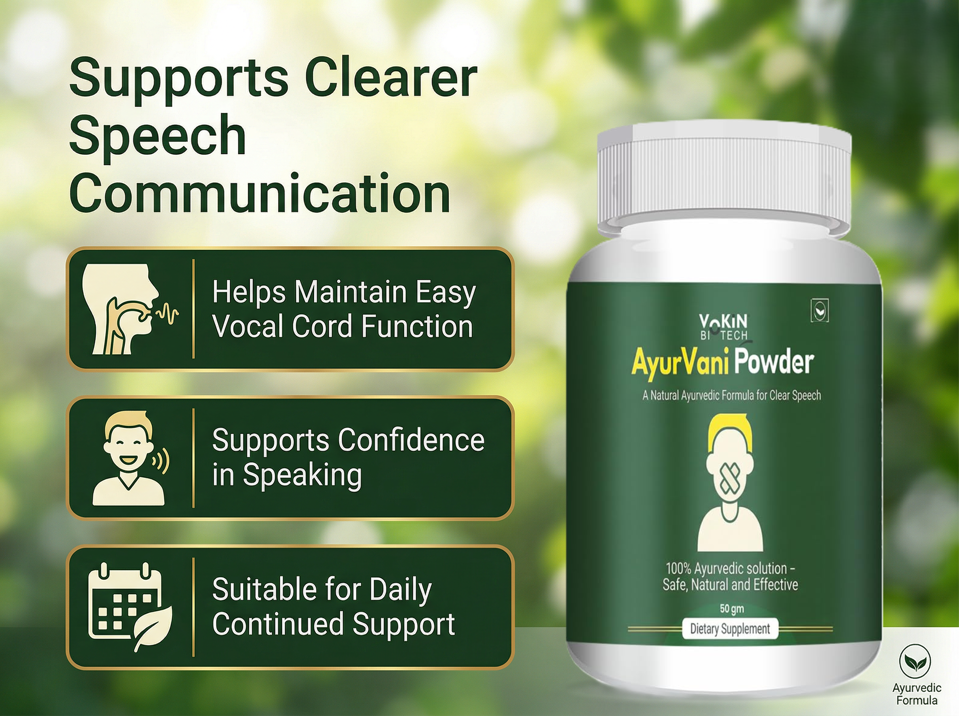 Vokin Biotech AyurVani Ayurvedic Powder 50g | Herbal Blend with Brahmi, Shankhpushpi & Shatavari | Natural Dietary Supplement | Pure Ayurvedic Formula