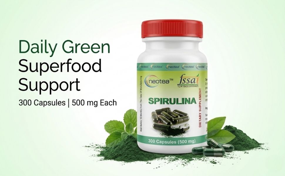 Neotea Spirulina 500mg - 300 Veg Capsules | Blue Green Algae Superfood Supplement | Supports Daily Energy, Immunity & Wellness | Non GMO